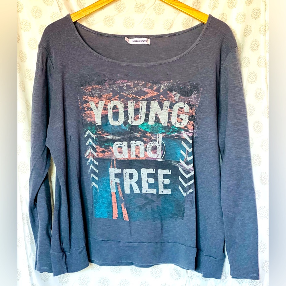 Maurice’s wide scoop neck long sleeved graphic shirt.